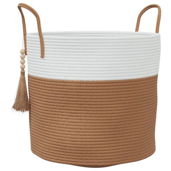 Panier de rangement marron et blanc en coton avec ponpon – Image 2