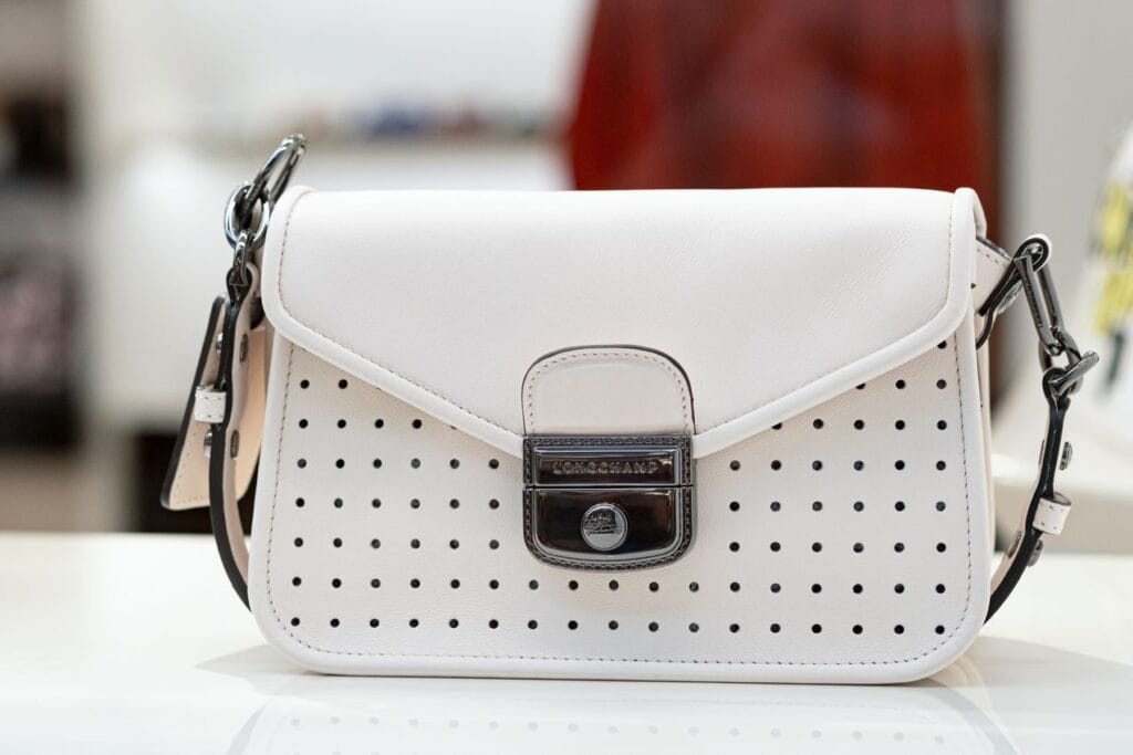 Longchamp Women's Shoulder Bag With Logo Longchamp From New Collection Close-Up. Luxury Store Longchamp. Moscow, Russia - June 2020.