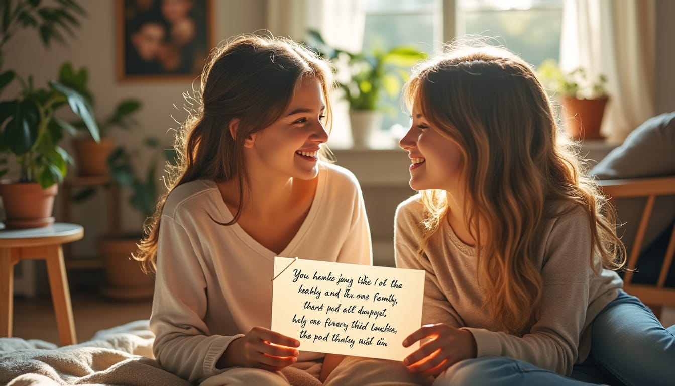 découvrez un message touchant pour votre sœur, rempli de mots sincères et émouvants pour exprimer tout votre amour et votre gratitude. inspirez-vous pour écrire des mots qui viennent du cœur et renforcer votre lien fraternel.